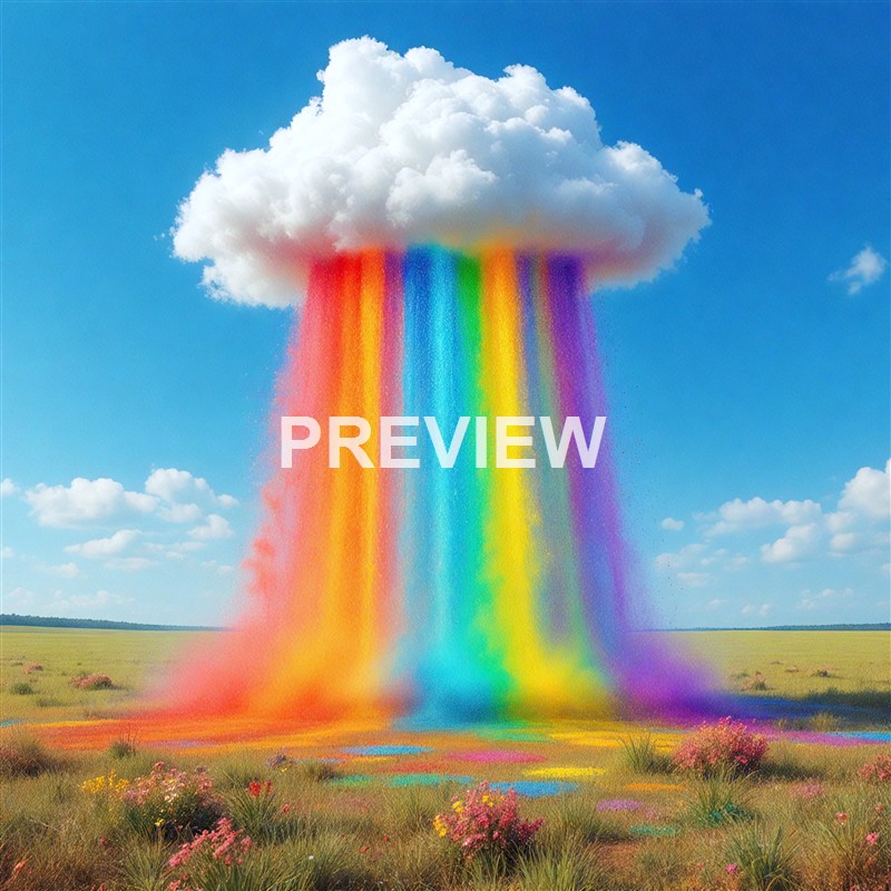 A fluffy white cloud in a blue sky appears to be pouring vibrant rainbow-colored paint or liquid that cascades down towards a grassy field with small pink and yellow flowers.